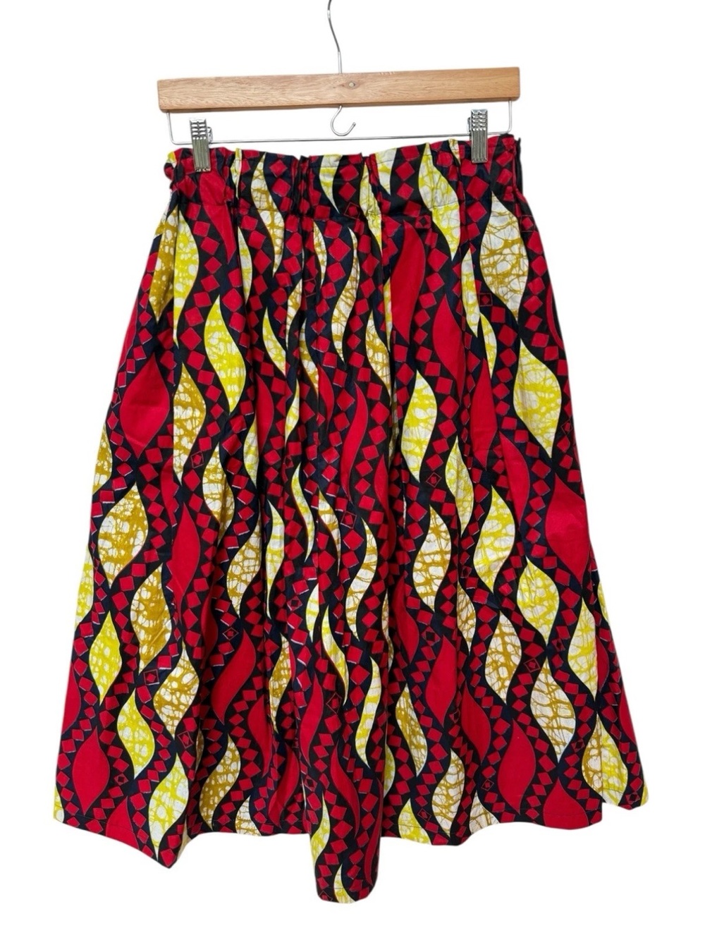 Odile Jacobs Vibrant Red & Yellow Printed A-Line Waxed Cotton Midi Skirt